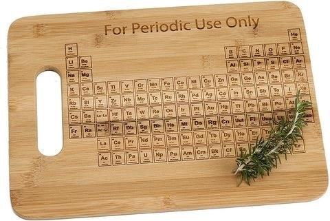 The Periodic Table Engraved Bamboo Cutting Board is a stylish and functional kitchen accessory that combines the beauty of bamboo with the educational elements of the periodic table. It is perfect for science enthusiasts and chemistry lovers, as it allows them to chop and prepare their food while also learning about the different elements and their properties. The engraving on the bamboo surface adds a touch of elegance and sophistication to any kitchen, making it a great addition to your culinary collection.