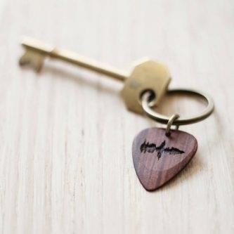 The Wooden Personalized Soundwave Guitar Pick Plectrum Keyring is a unique and customizable accessory for music enthusiasts, crafted from high-quality wood and designed to capture the soundwaves of a favorite song or personal message, making it a perfect gift for guitar players and music lovers alike.