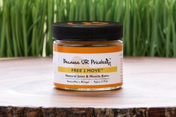 FREE 2 MOVE Natural Joint & Muscle Balm is a topical ointment made from natural ingredients that provides relief and soothes sore muscles and joints, allowing for improved mobility and movement.