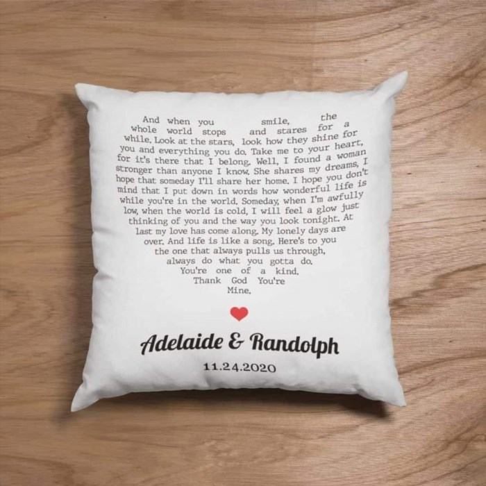 The custom suede pillow with song lyrics is a personalized and sentimental piece that adds a touch of nostalgia and warmth to any space.