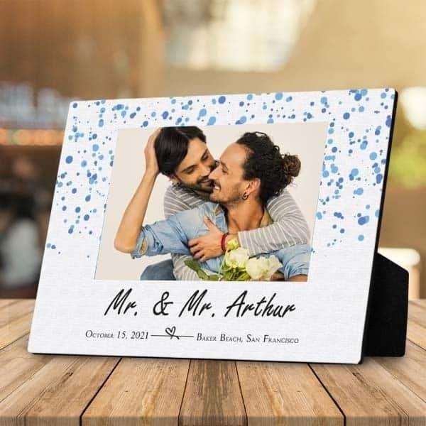 Mr. and Mrs. Desktop Plaque is a personalized item that can be customized with the couple's names, making it a perfect gift for weddings or anniversaries.