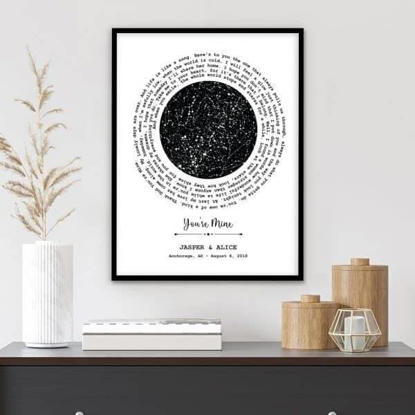 The Star Map and Spiral Song Lyrics Framed Print is a beautiful piece of art that combines celestial imagery with poetic words, creating a mesmerizing display for any space.