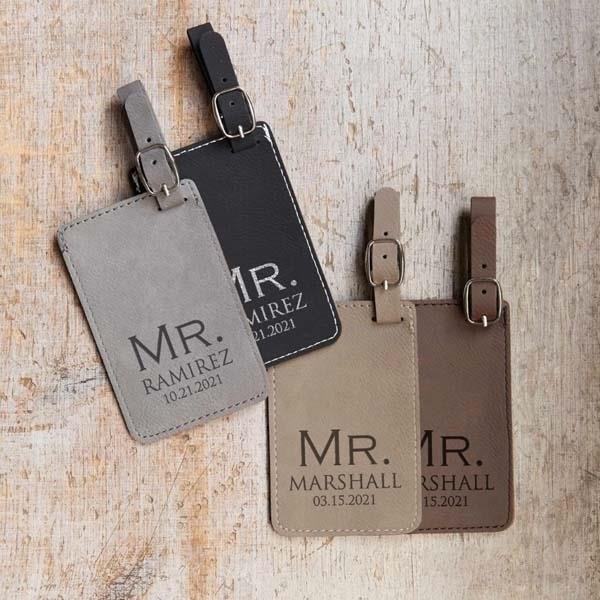 Mr & Mr Luggage Tags are personalized travel accessories that are designed for couples, allowing them to easily identify their luggage while adding a touch of style and elegance to their journey.