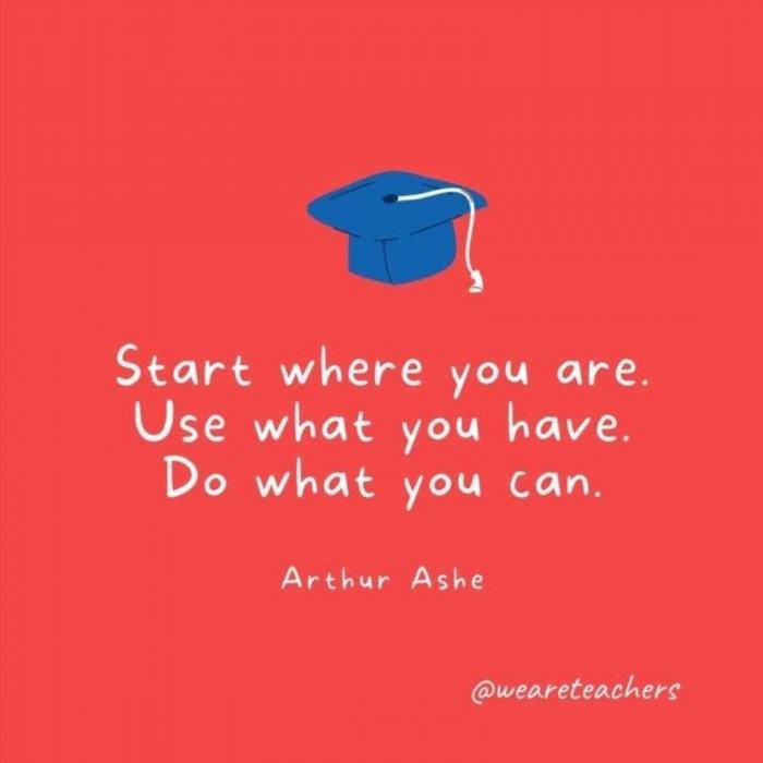 Start where you are. Use what you have. Do what you can. These words by Arthur Ashe inspire individuals to make the most of their current situation, utilizing the resources available to them, and taking action to the best of their abilities.