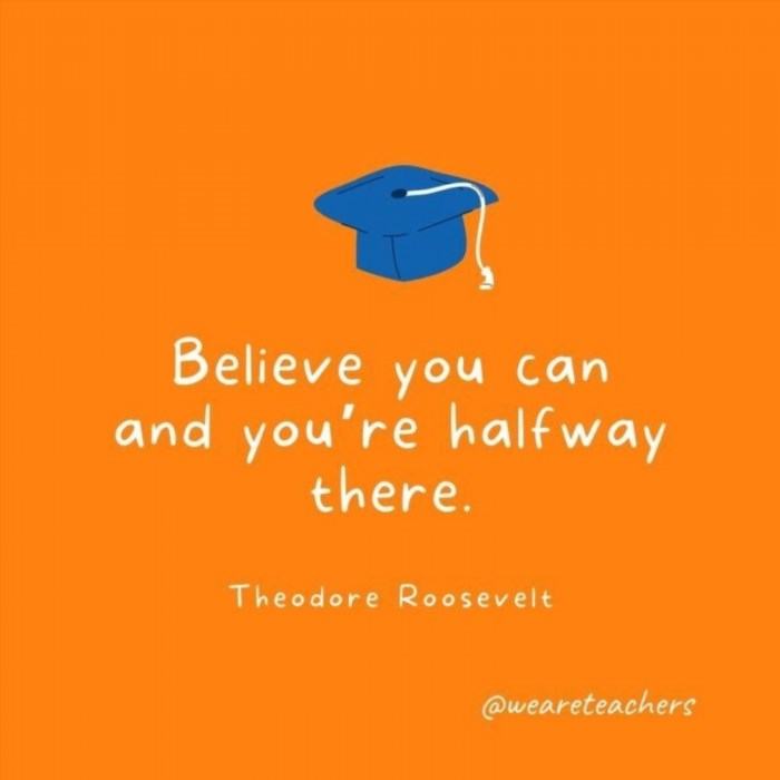 This quote by Theodore Roosevelt encourages individuals to have confidence in themselves and their abilities, emphasizing that believing in oneself is a significant step towards achieving success.