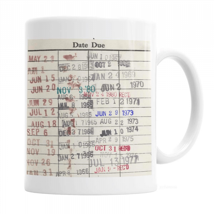 The Library Due Date Card Mug is a unique and nostalgic item that replicates the vintage library due date cards used in libraries to track the return of borrowed books. It is a perfect gift for book lovers and brings back memories of a time when libraries played a significant role in our lives.