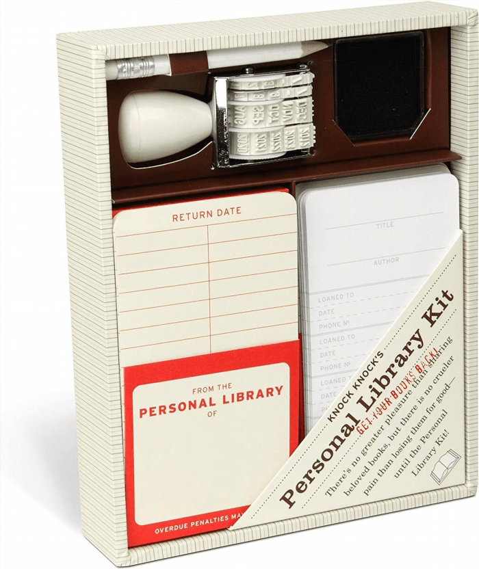 The Personalized Library Kit is a must-have for book lovers, allowing you to keep track of your books and share them with others in a stylish and organized manner. It includes personalized bookplates, a self-inking stamp, and checkout cards, making it easier than ever to create your own library system at home.