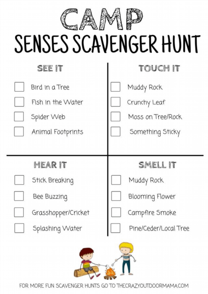 Discover four senses (We’re excluding taste for this one!) nearby the campsite using this downloadable scavenger hunt pdf that’s ideal for hiking or simply exploring in the camp!