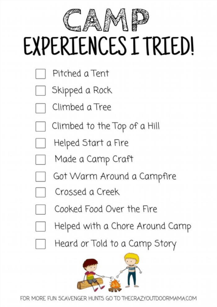 This downloadable PDF camping scavenger checklist centers on adventures – it’s an excellent method to emphasize and recollect the enjoyment that was experienced while on the grand camping excursion, or during their duration at summer camp!