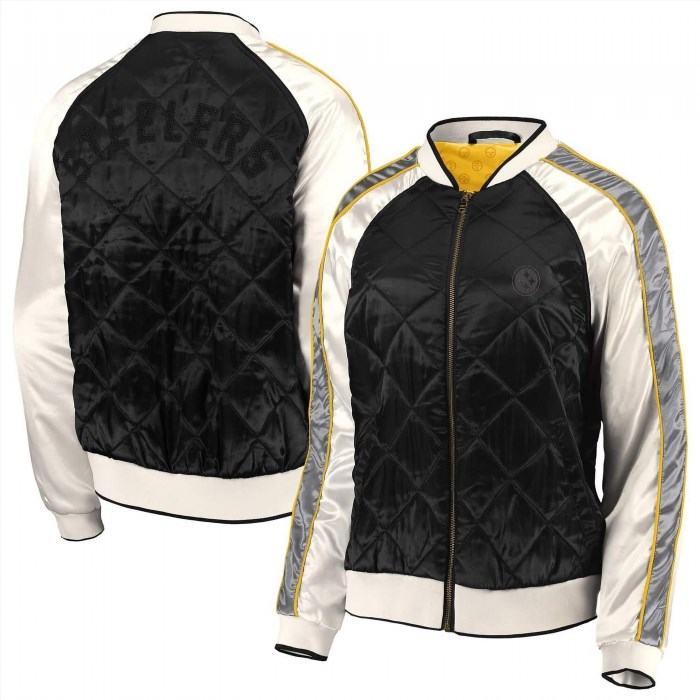 The Steelers Bomber Jacket is a stylish and trendy outerwear that showcases your support for the Pittsburgh Steelers football team, featuring the team's logo and colors.