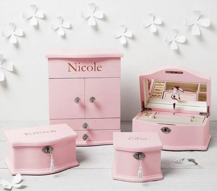 The Pottery Barn Kids Pink Abigail Jewelry Box Collection is a delightful collection of jewelry boxes designed specifically for children, featuring a charming pink color and adorned with intricate details.
