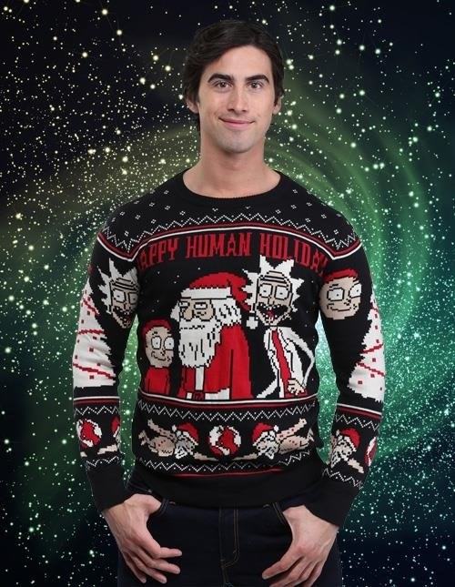 The Rick and Morty Ugly Christmas Sweater is a festive and quirky clothing item featuring characters from the popular animated TV show. It is designed with bright and bold colors, showcasing various scenes and references from the series. This sweater is perfect for fans who want to show off their love for the show during the holiday season.