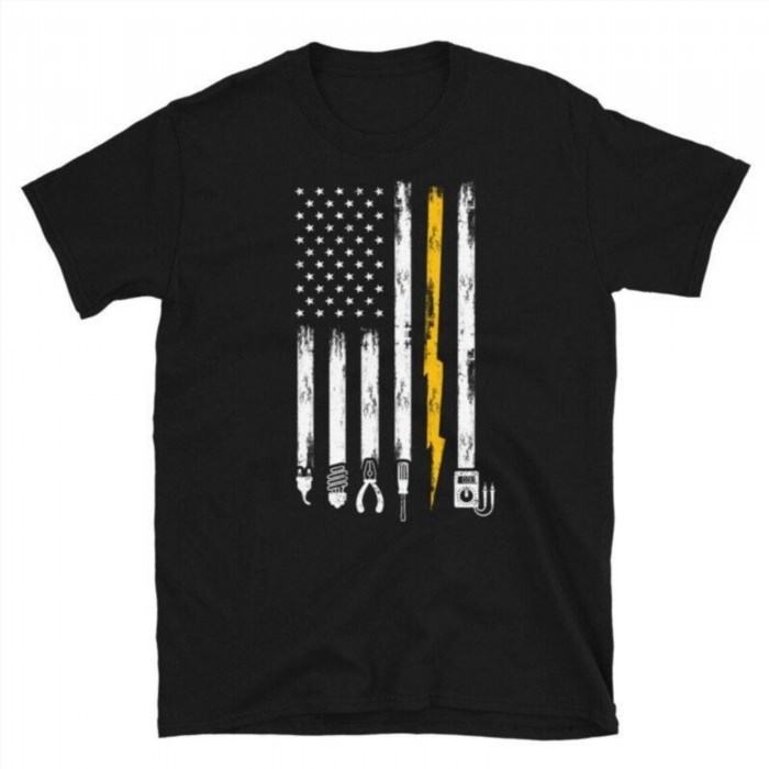 The Electrician US Flag Tools Shirt is a stylish and patriotic clothing item that showcases the pride and skill of electricians in the United States.
