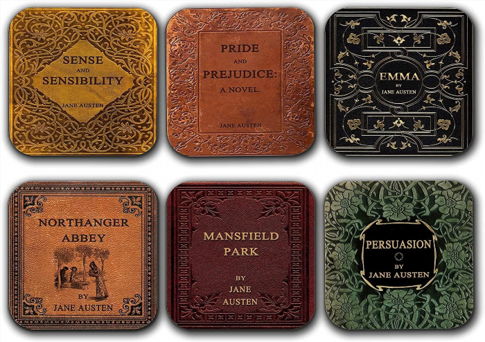 The Jane Austen Coaster Set is a perfect gift for any literature lover, featuring quotes and iconic imagery from the beloved works of Jane Austen.