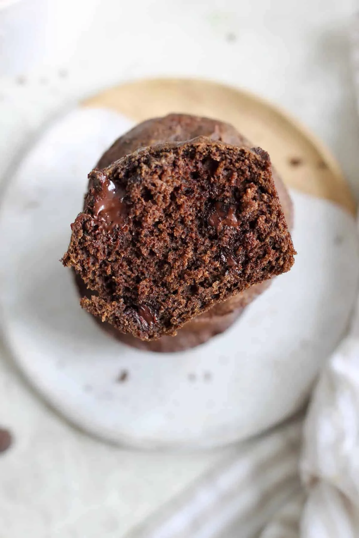 two chocolate muffins on plate.