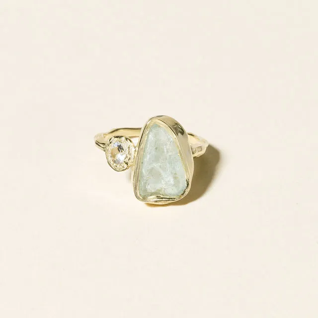 14k Gold Aqua Moon & Stars Ring