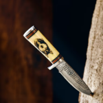 Engraved Wolf Damascus Knife 3