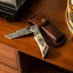 Engraved Wolf On Bone Damascus Tanto Folder 2