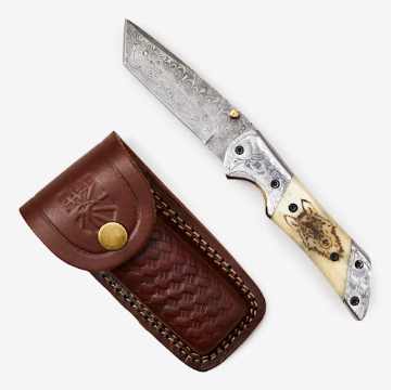 Engraved Wolf On Bone Damascus Tanto Folder